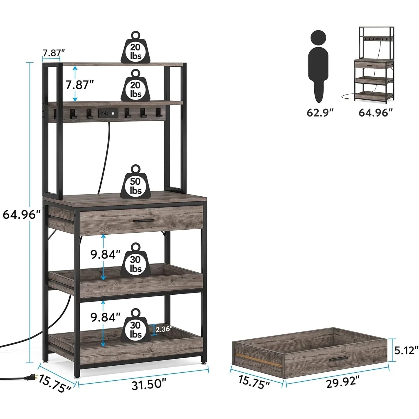 Little Tree Kitchen Bakers Rack With Power Outlets Stand