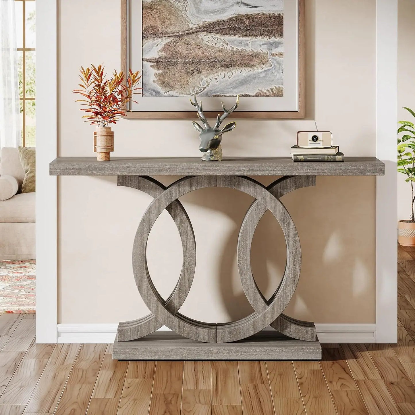 55 Inch Modern Console Table With Geometric Wood Base