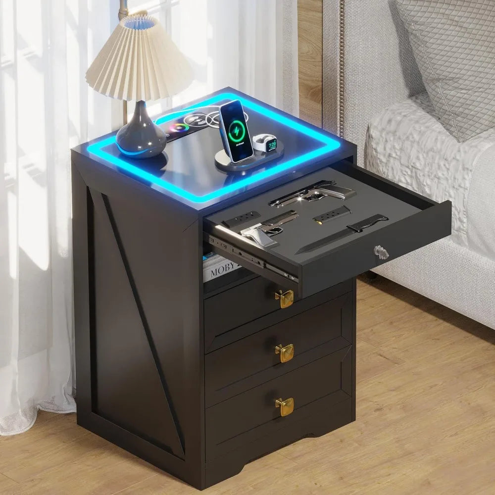 Modern LED Nightstand With 3 Drawers Glass Top And Wireless Charging