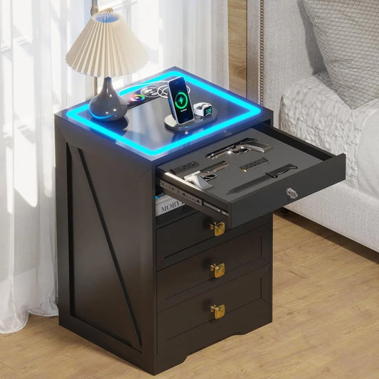 Modern LED Nightstand With 3 Drawers Glass Top And Wireless Charging