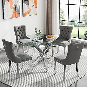 47.24 Inch Modern Silver Glass Dining Table Set For 4