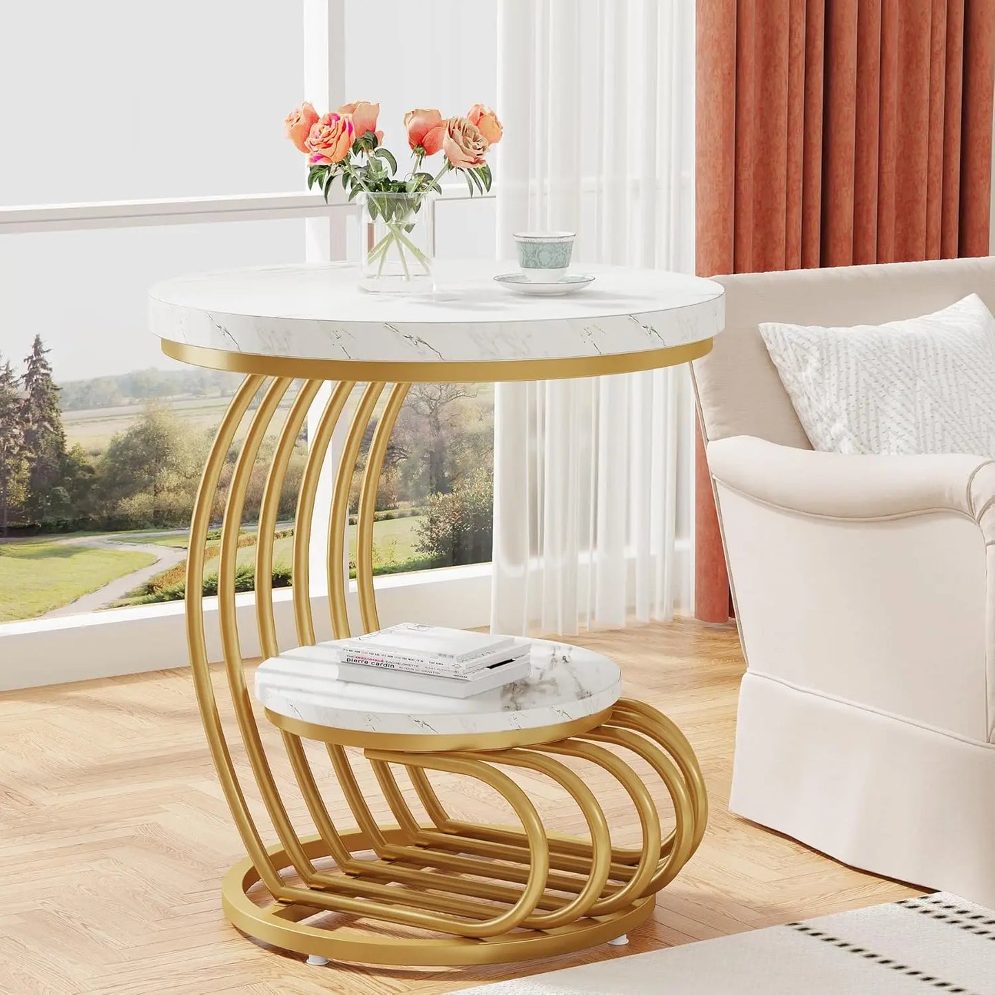 Round End Side Table with Two Tiers Storage Shelves Small Bedside Accent Table with Arc Shaped Frame