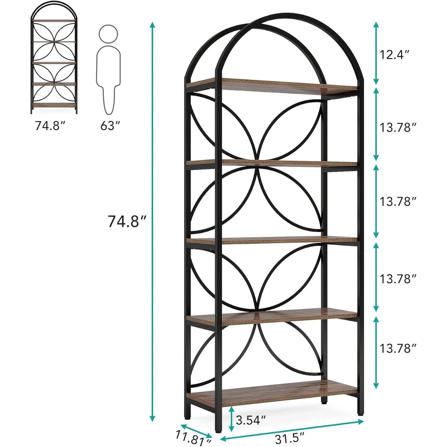 5 Tier Arched 75 Inch Bookshelf For Living Room Office