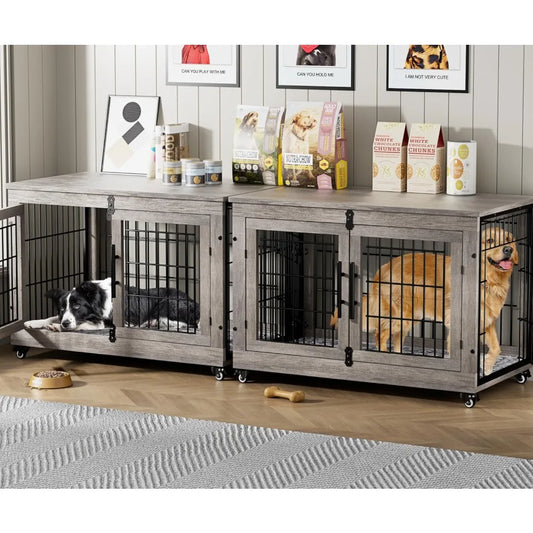 Wooden Double Door Dog Crate Set With Cushion Wheels
