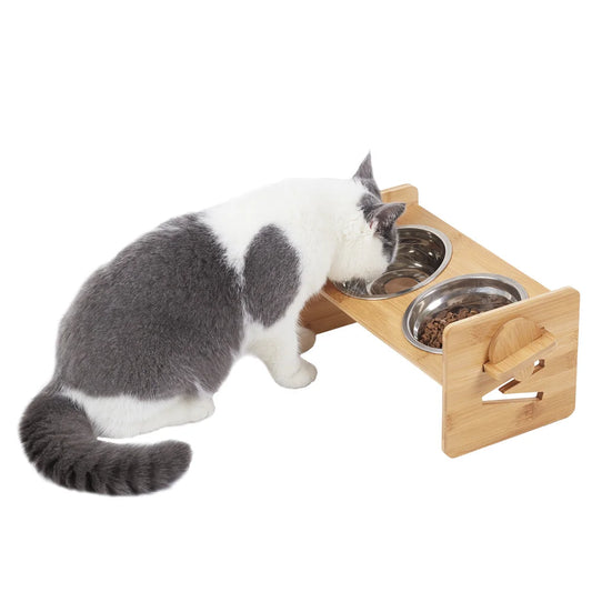 Adjustable Bamboo Elevated Dog Bowl Stand With 2 Bowls