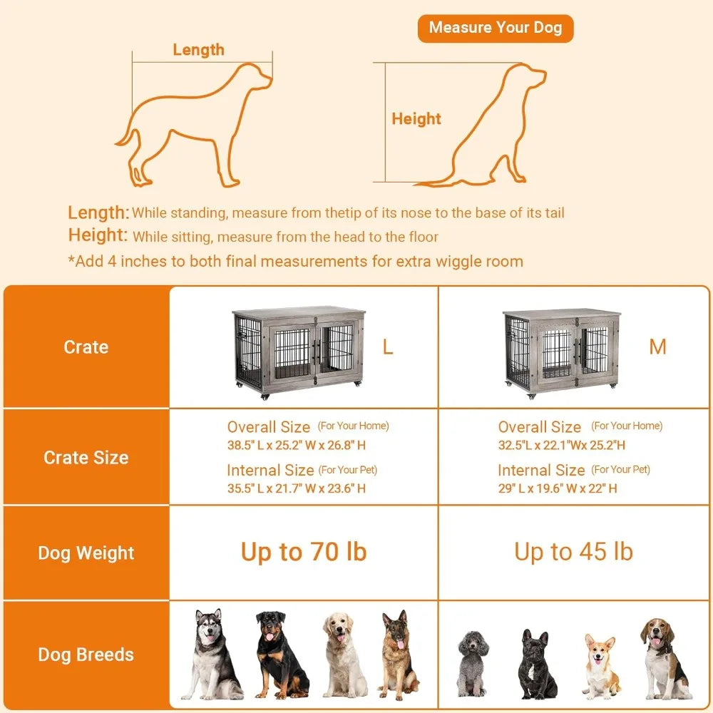 Wooden Double Door Dog Crate Set With Cushion Wheels