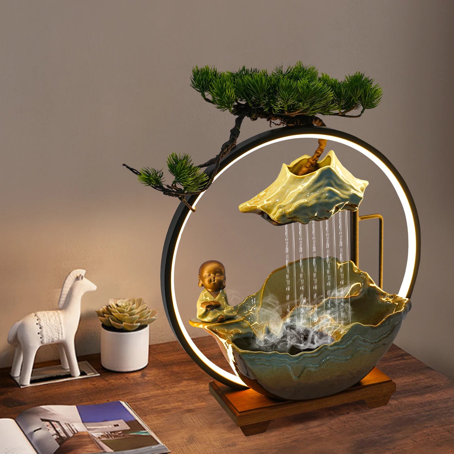 Modern Ceramic And Wood Tabletop Zen Water Fountain Desktop