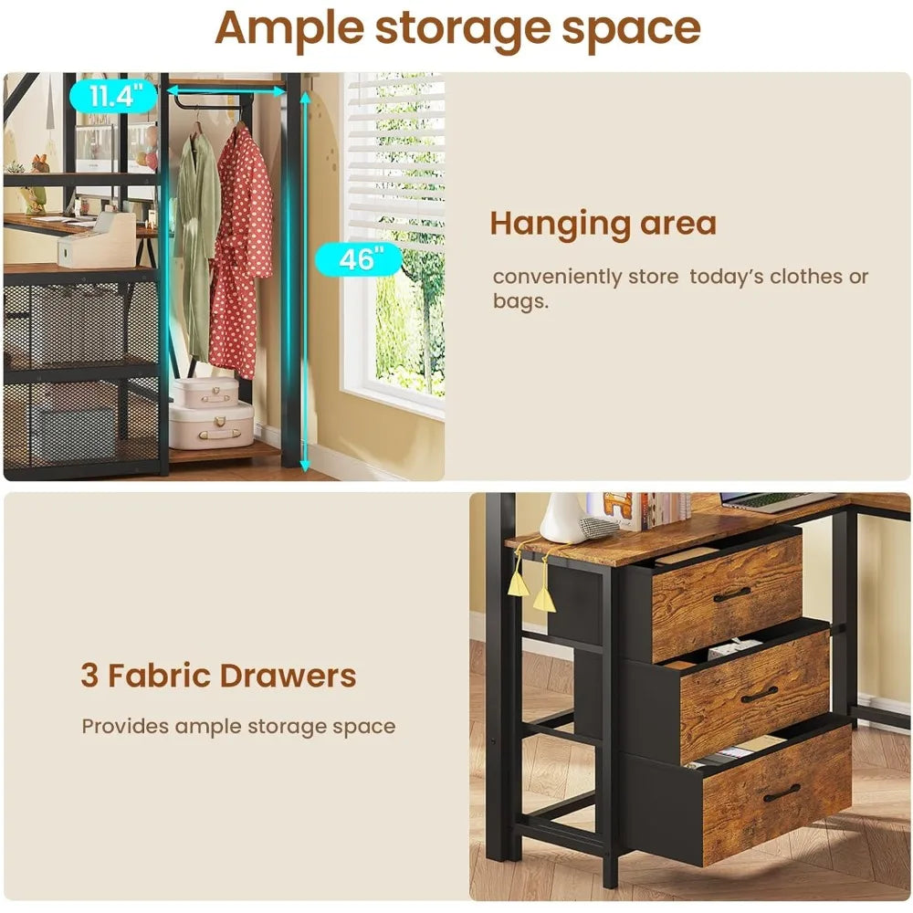 MKDK Metal Loft Bed With L Shaped Desk And Wardrobe Storage Stairs