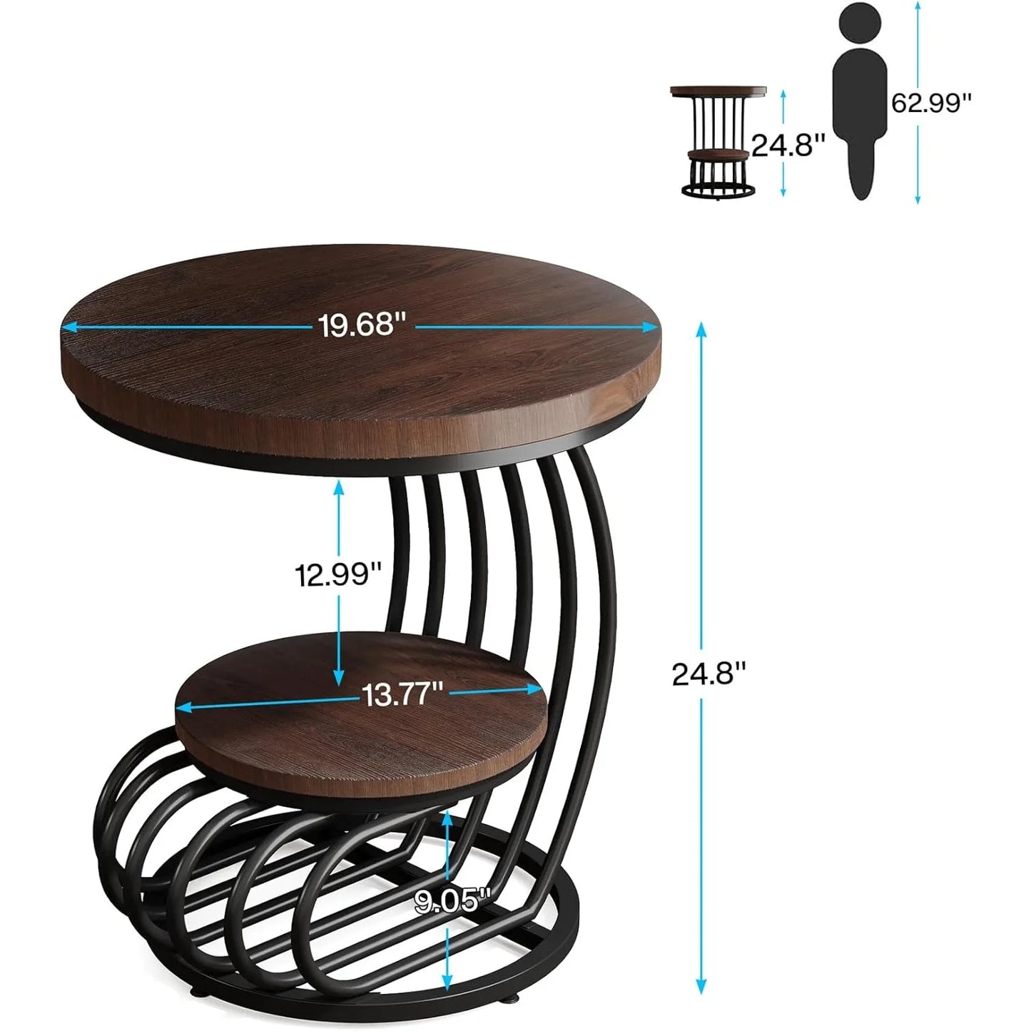 Round End Side Table with Two Tiers Storage Shelves Small Bedside Accent Table with Arc Shaped Frame