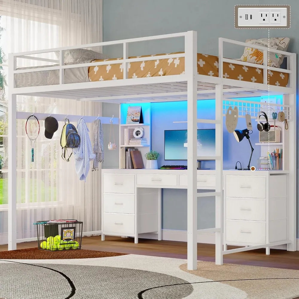 Loft Bed With Desk And Storage Metal Frame LEDLights