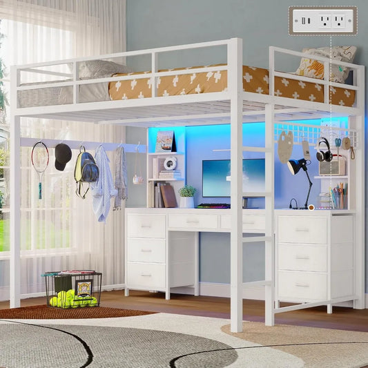 Loft Bed With Desk And Storage Metal Frame LEDLights
