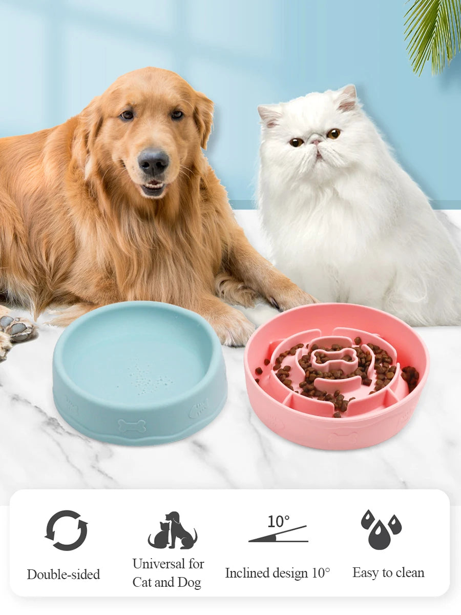 Hign-concerned Chemical 2 In 1 Pets Silicone Slow Feeder Tilted Double Sided Food Water Bowls