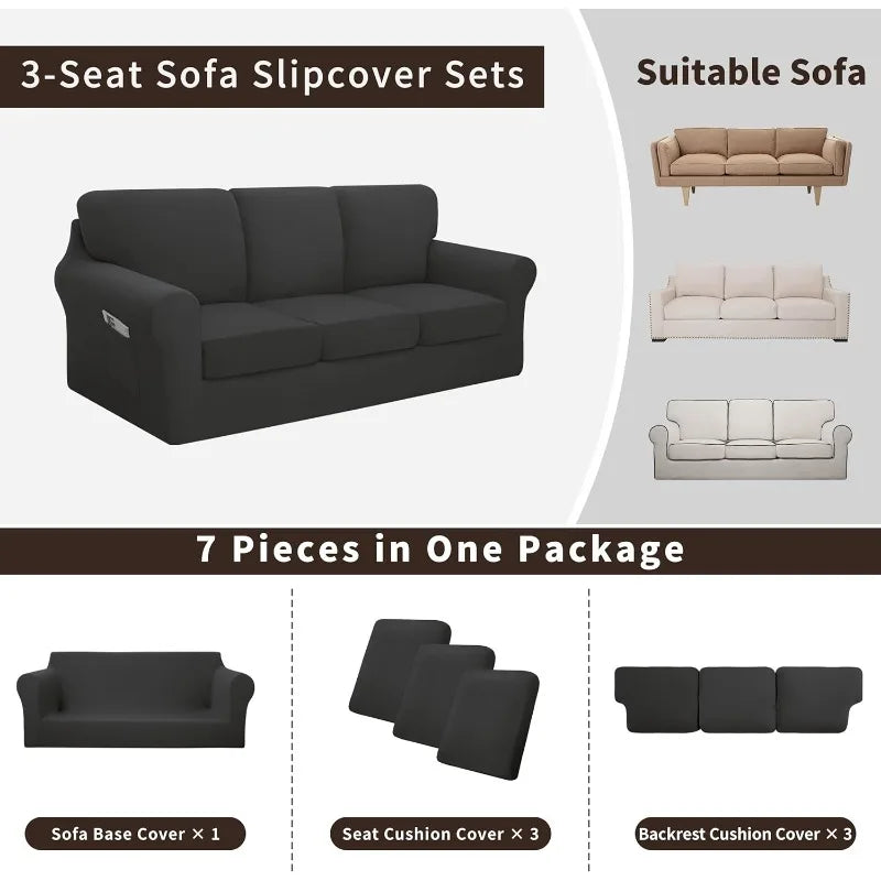 7 Piece Stretch Sofa Cover Set Large Dark Grey Anti Slip