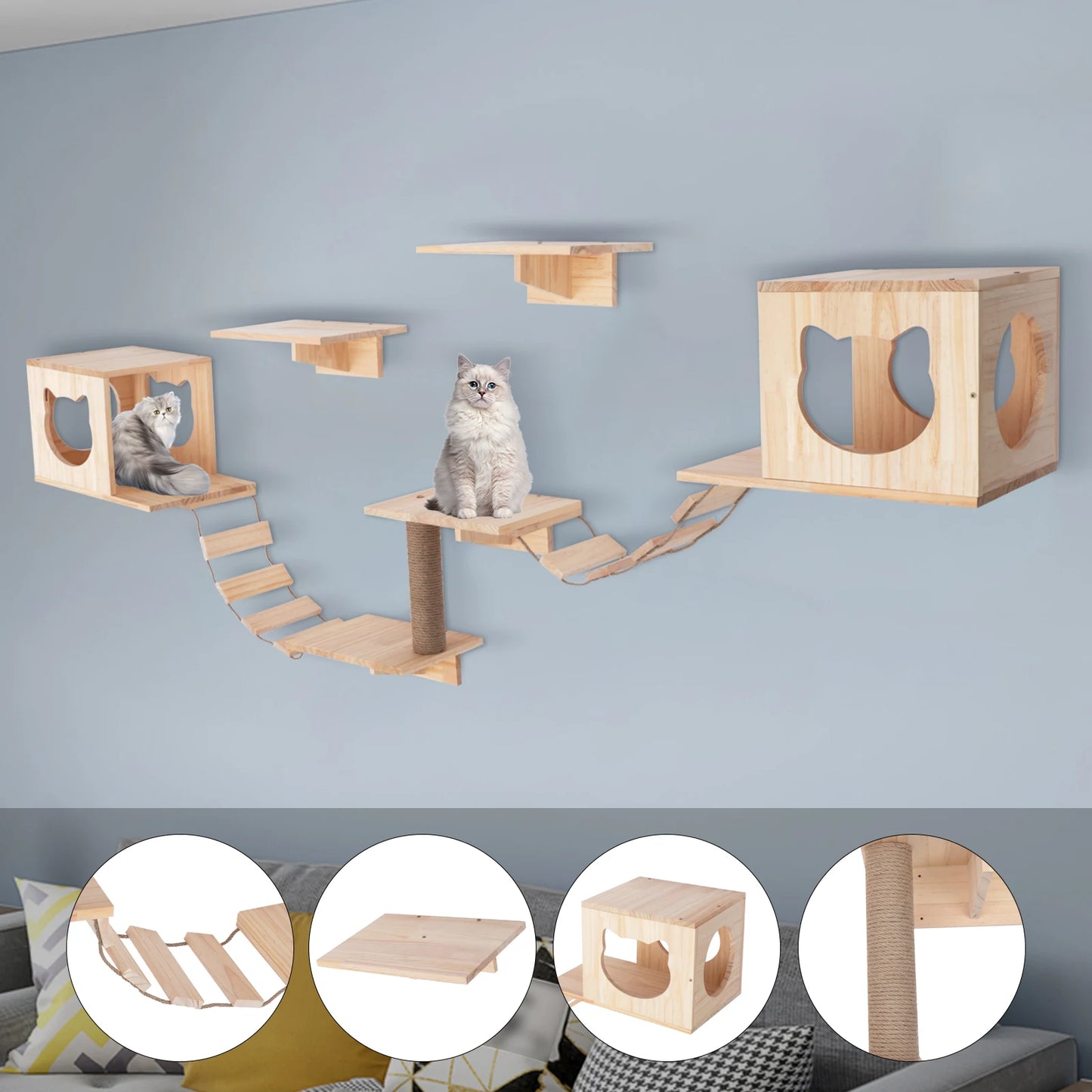 Sichuan Cat Wall Climber Set 9 Pieces Wood Cat Tree With Condos Shelves And Ladders