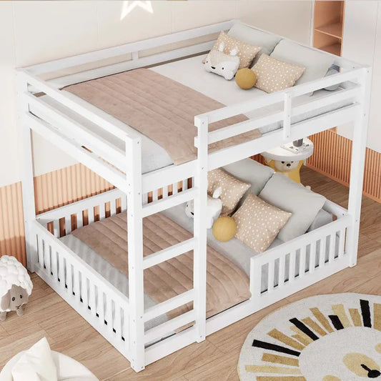 Solid wood bunk bed, minimalist design, with ladder and guardrail, white