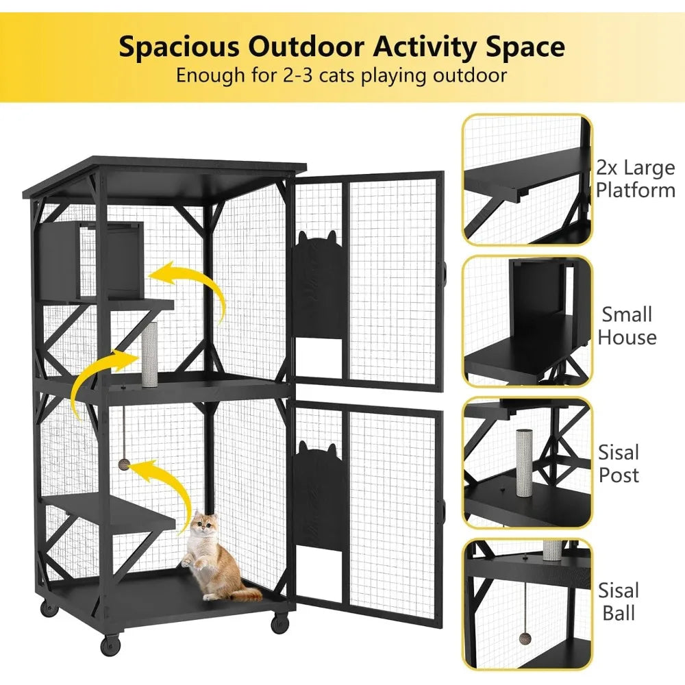 Outdoor Catio Cat Enclosure With Roof And Jumping Platforms