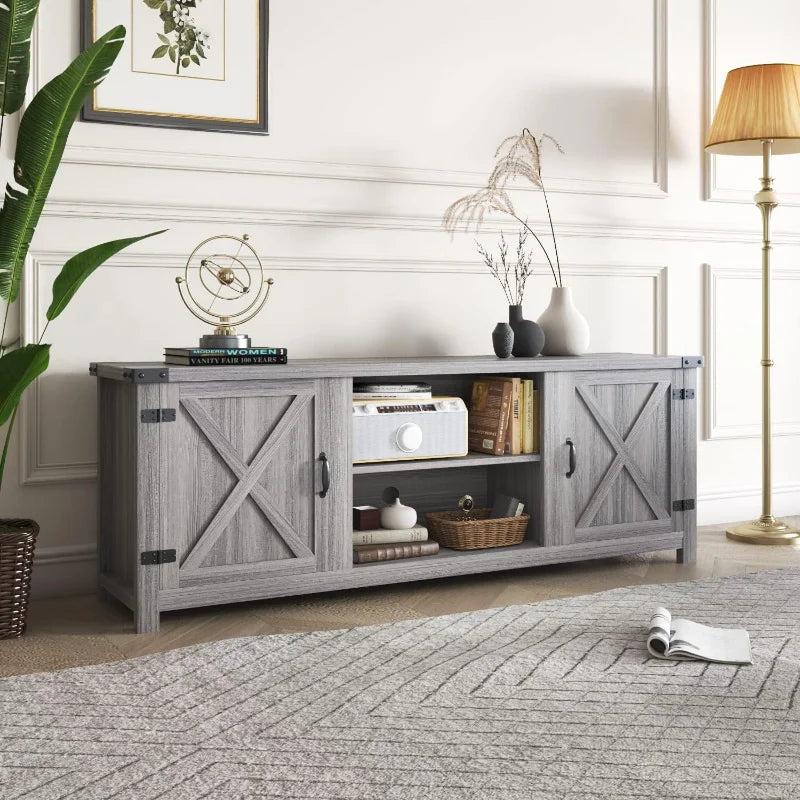 Yeshomy Modern Farmhouse TV Stand with Two Barn Doors and Storage Cabinets for TVs up to 65 Inches Gray Wash