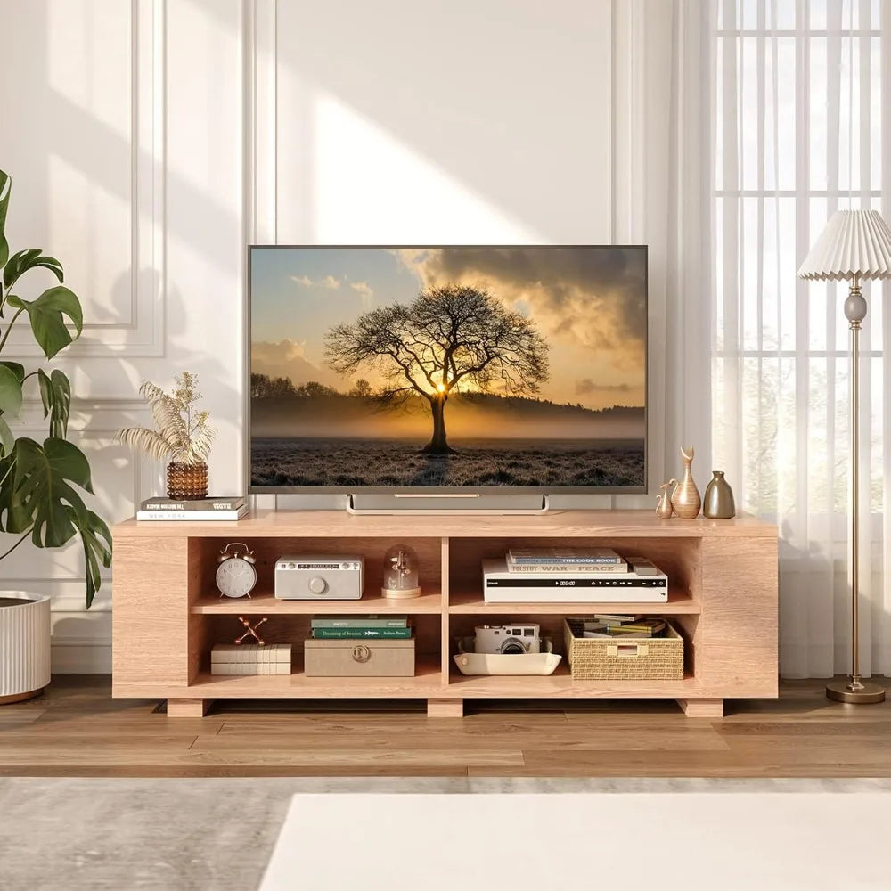 Starjoy Wood TV Stand for 65 Inch Flat Screen, Modern Entertainment Center With 8 Open Shelves, Farmhouse Storage Cabinet for L|