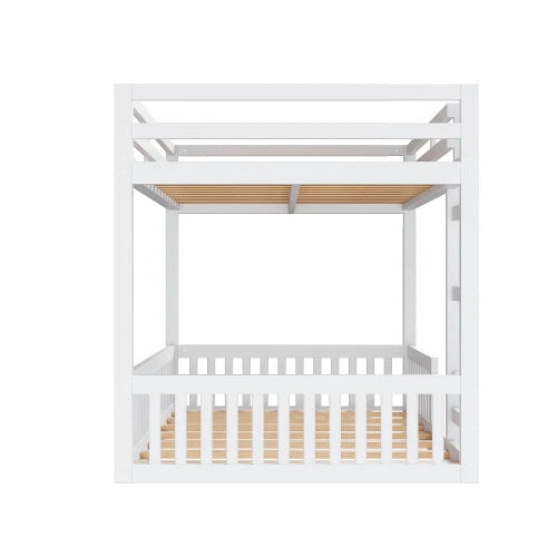 Solid wood bunk bed, minimalist design, with ladder and guardrail, white