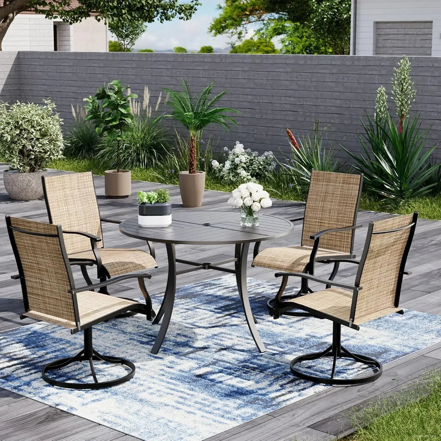 7 Piece Outdoor Dining Set With 6 Swivel Rocking Chairs