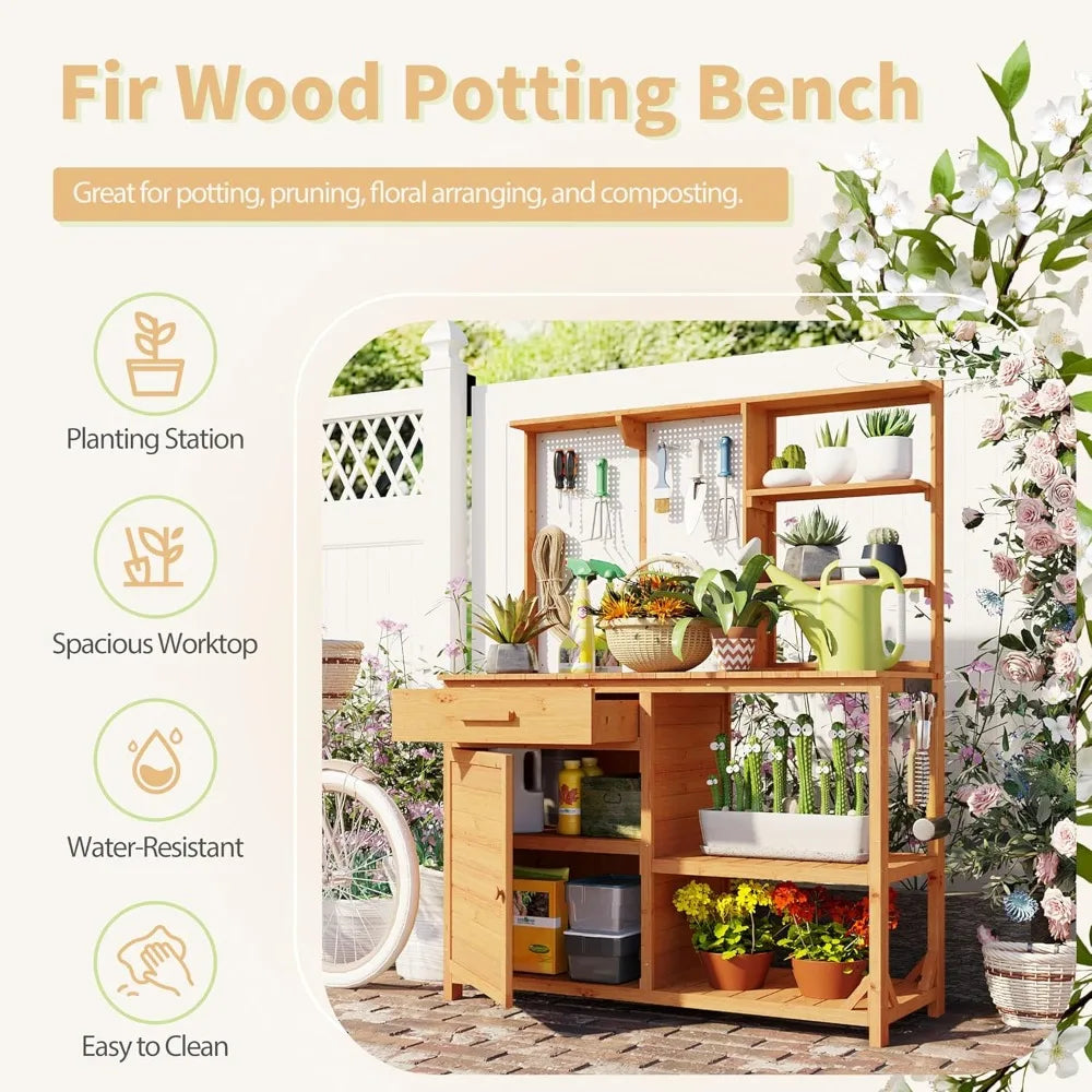 Outdoor Fir Wood Potting Bench Hutch 4 Shelves Drawer Adjustable Storage