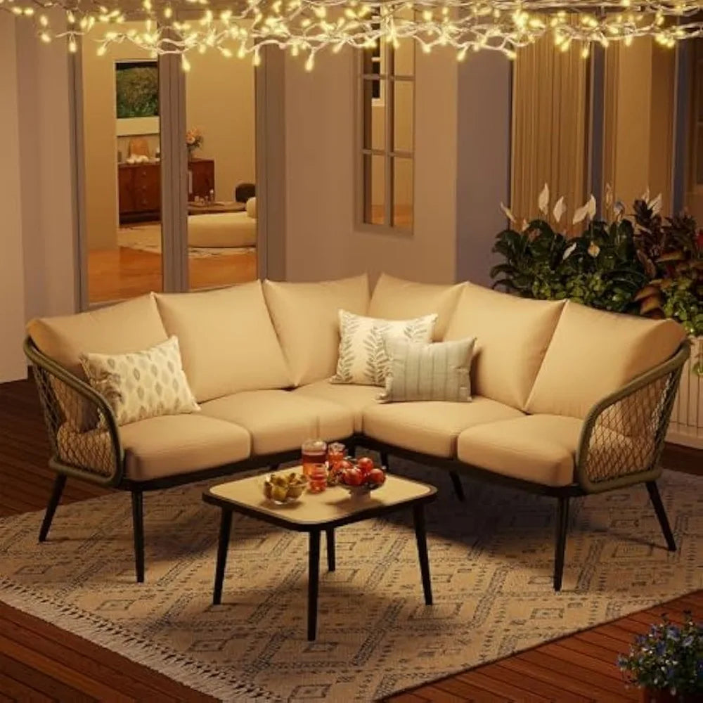 Orange 5 Seat L Shaped Wicker Patio Sofa Set With Table