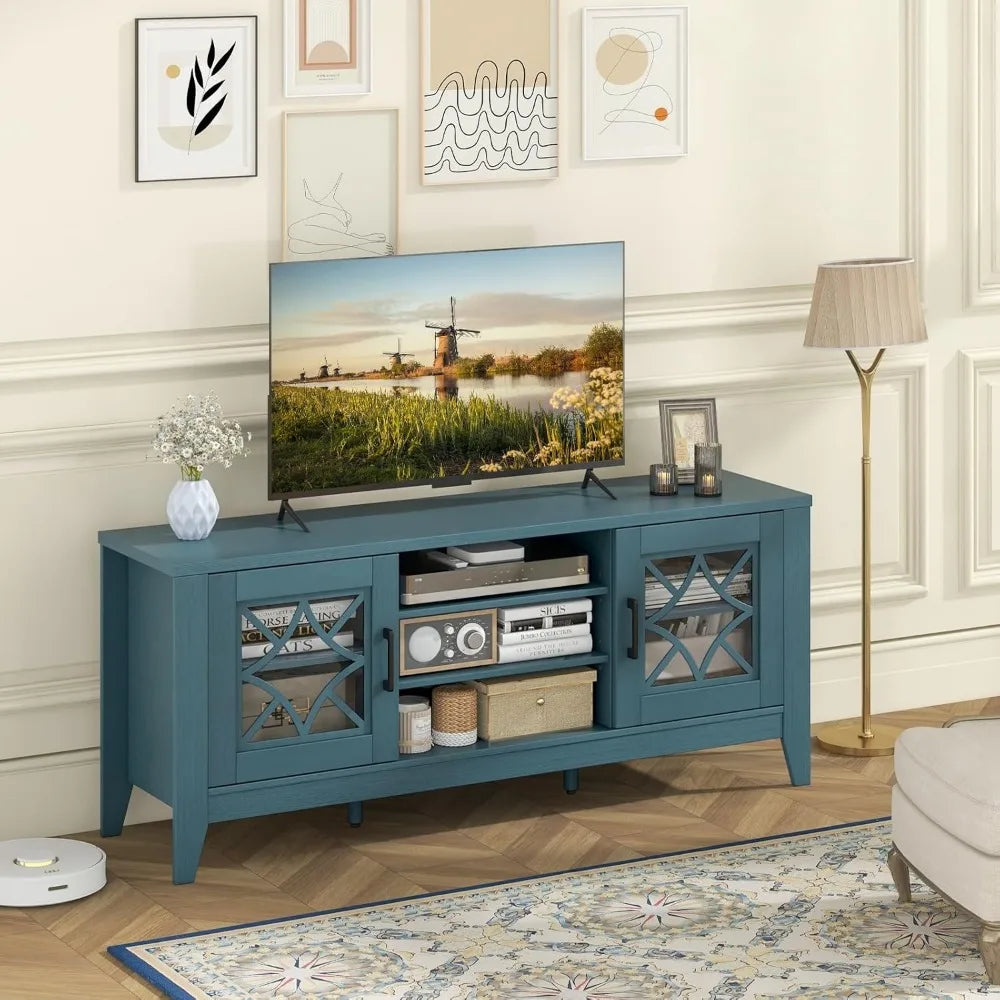 Farmhouse TV Stand For Up To 65 Inch TVs Teal Blue Storage