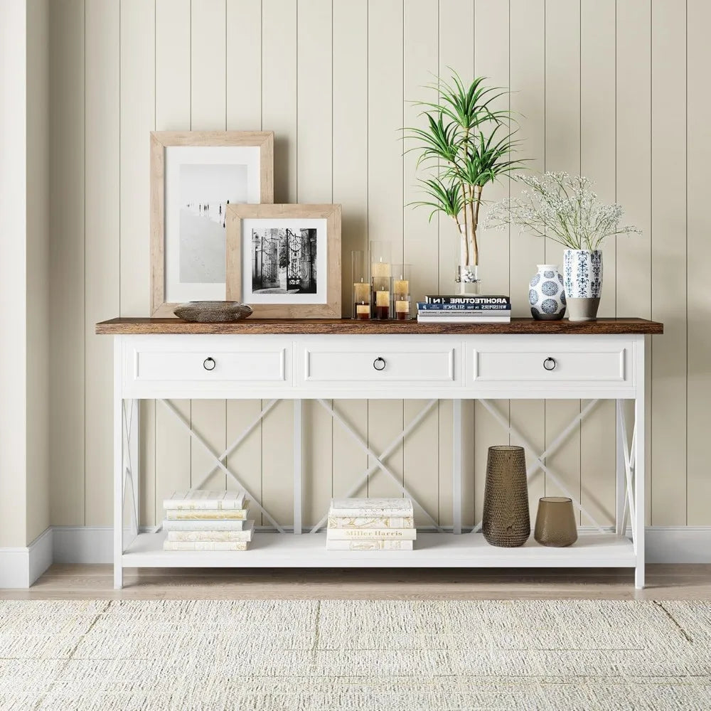 70.8 Inch Farmhouse Console Table With 3 Drawers White