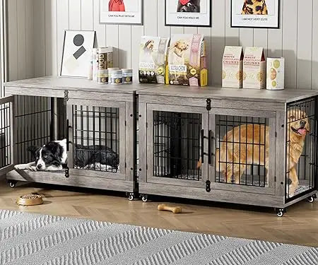 Wooden Double Door Dog Crate Set With Cushion Wheels