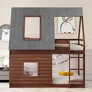 MKDK Kids House Bunk Bed With Tent Guardrail Slide