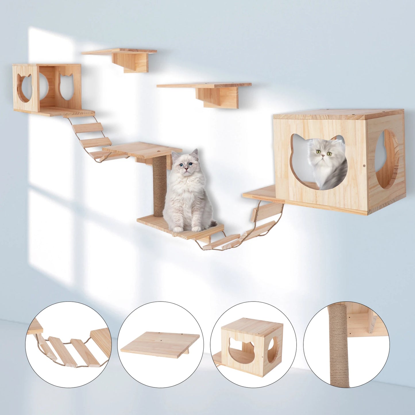 Sichuan Cat Wall Climber Set 9 Pieces Wood Cat Tree With Condos Shelves And Ladders