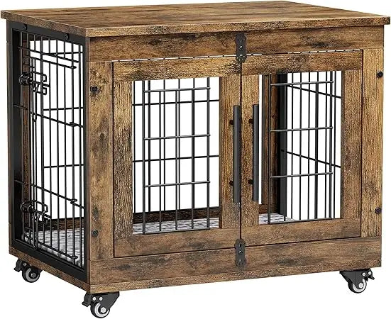 Wooden Double Door Dog Crate Set With Cushion Wheels