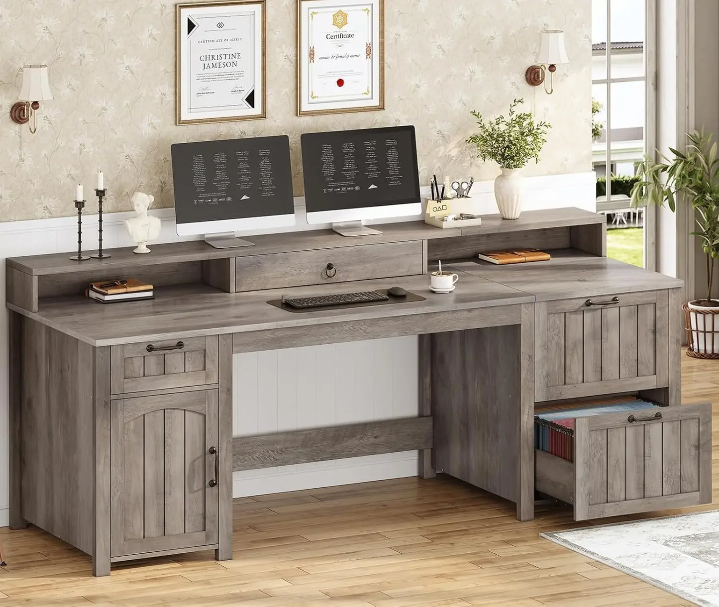 Farmhouse 63 Inch Executive L Shape Desk With Storage
