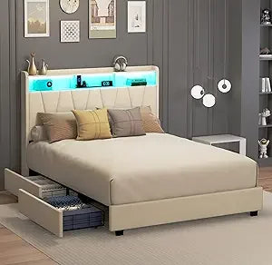 Full Size Velvet Upholstered LED Platform Bed With Storage