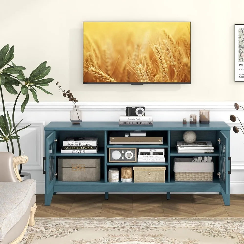 Farmhouse TV Stand For Up To 65 Inch TVs Teal Blue Storage