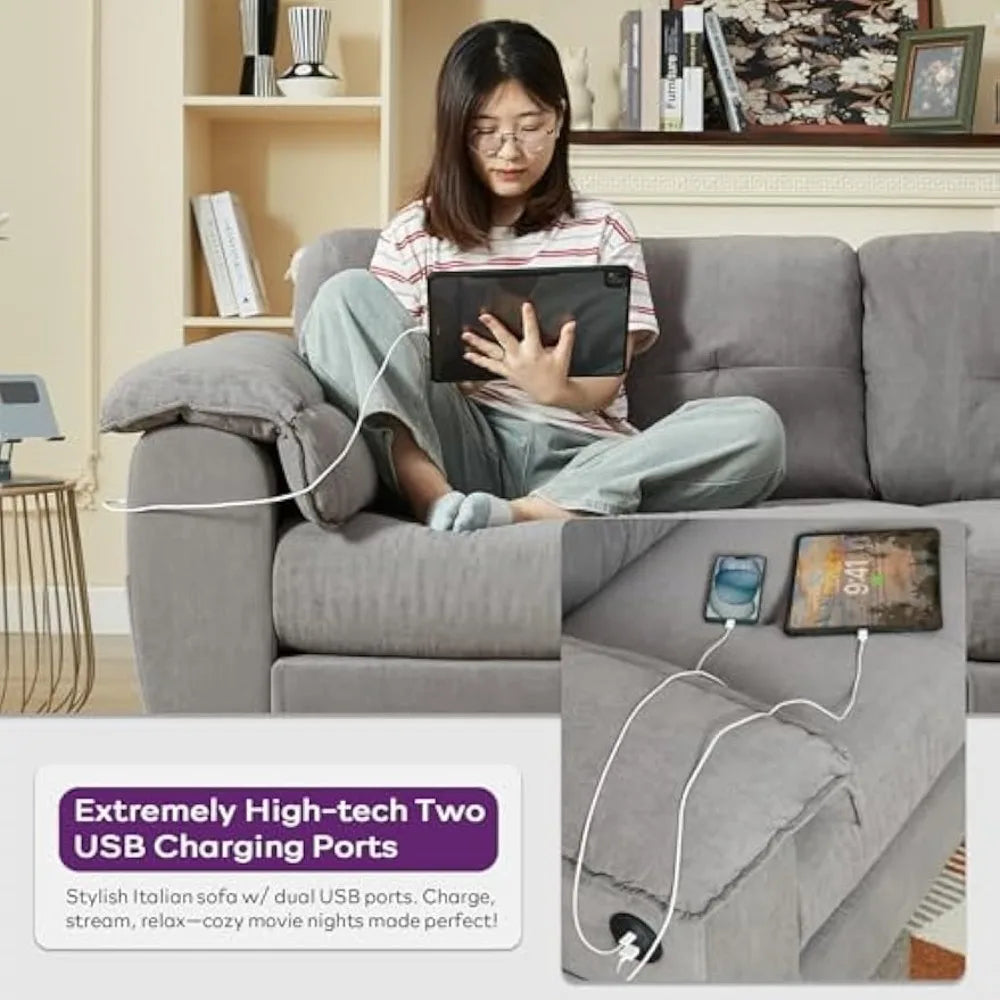 Sofa Couches for Living Room, Mid-Century Modern Comfy Tufted Upholstered 87" W Loveseat w/ 2 USB Charger & Side Pocket, 2/3 Se