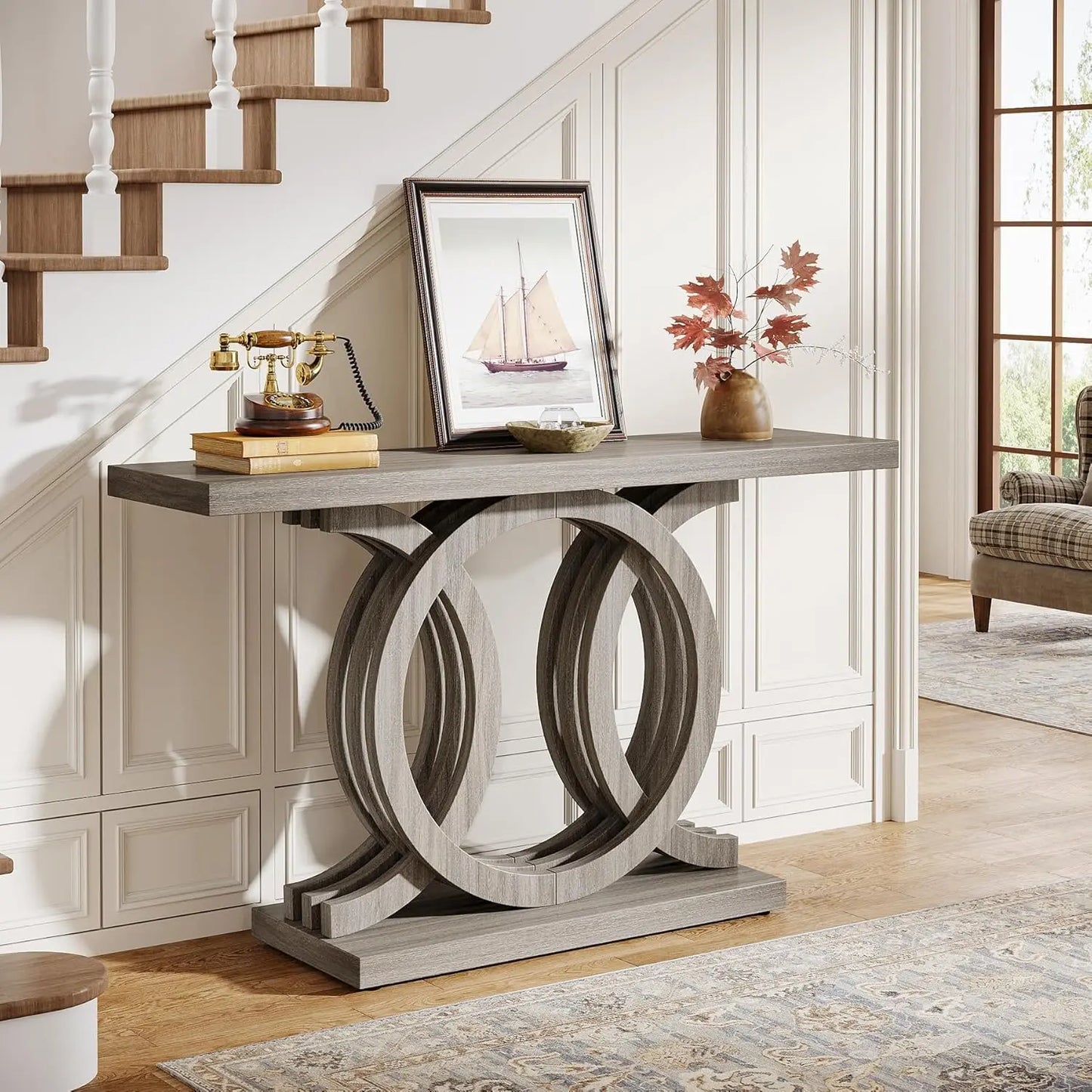 55 Inch Modern Console Table With Geometric Wood Base