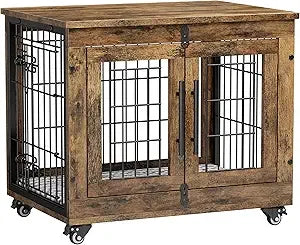 Wooden Double Door Dog Crate Set With Cushion Wheels