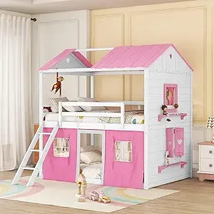 MKDK Kids House Bunk Bed With Tent Guardrail Slide