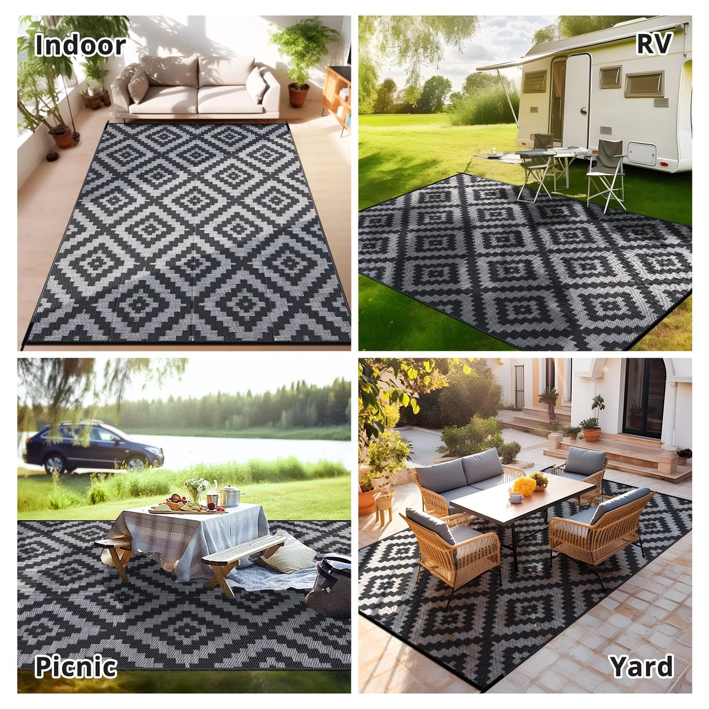Outdoor Geometric Reversible Polyester Rug For Patio And Deck Waterproof Durable