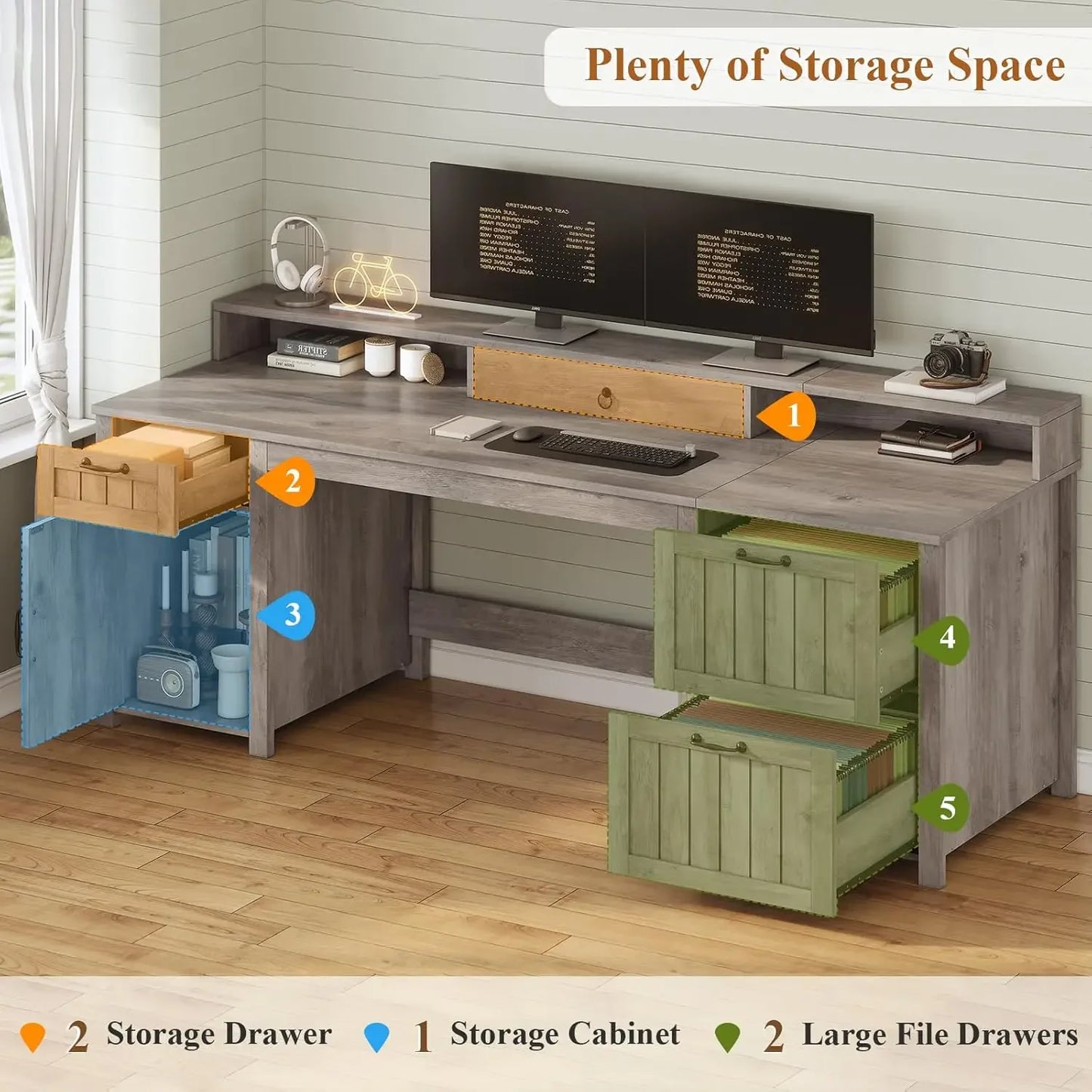 Farmhouse 63 Inch Executive L Shape Desk With Storage