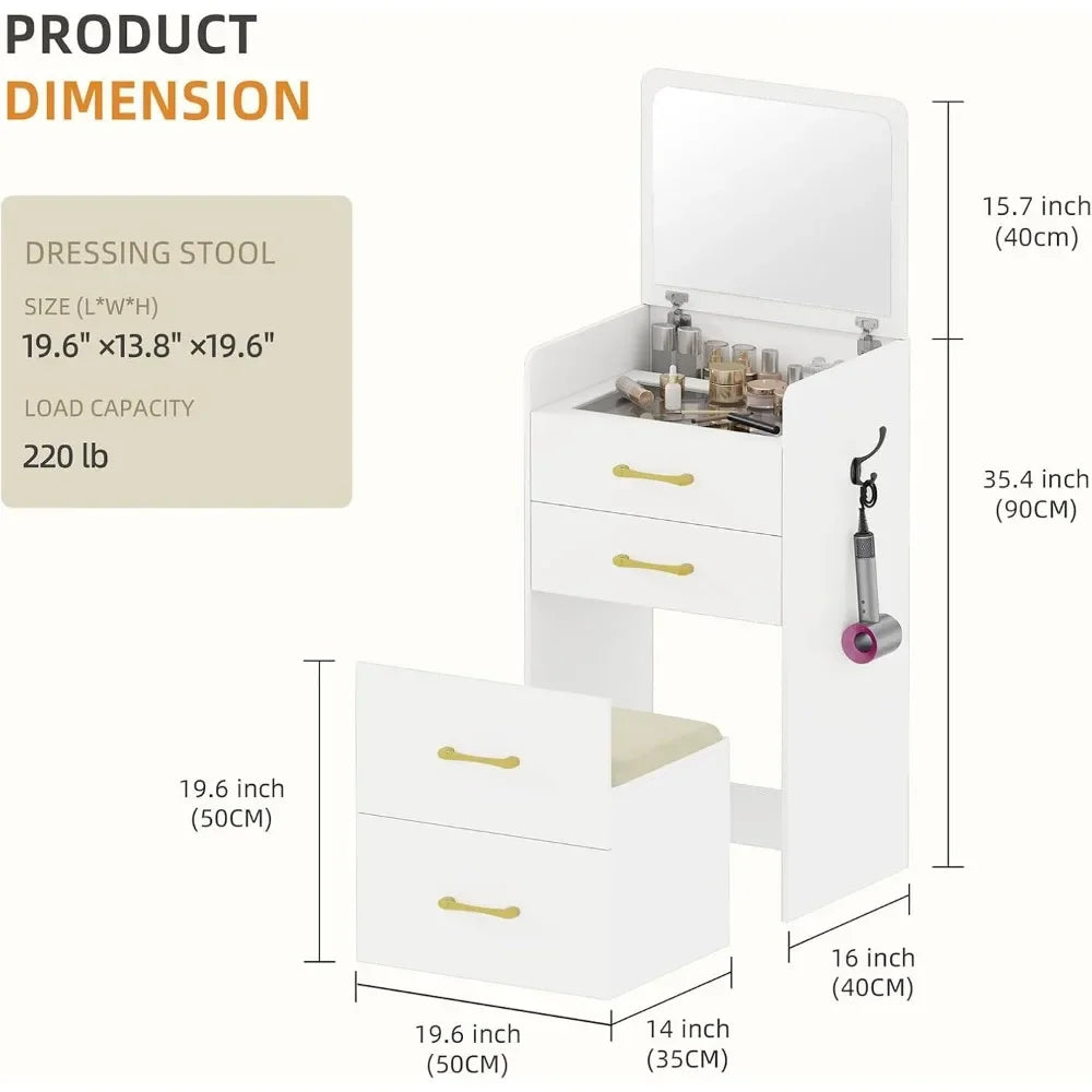 3 in 1 Flip Top Vanity Desk With Mirror And Drawers