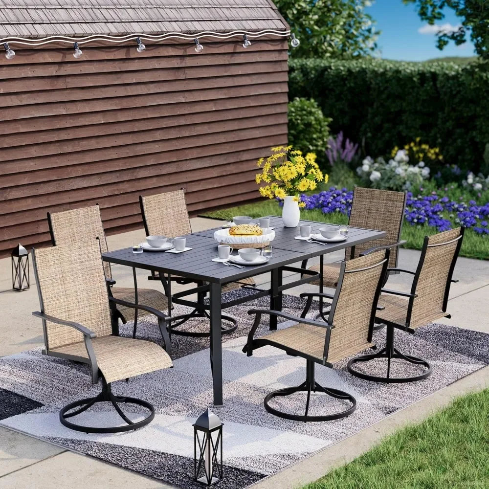 7 Piece Outdoor Dining Set With 6 Swivel Rocking Chairs