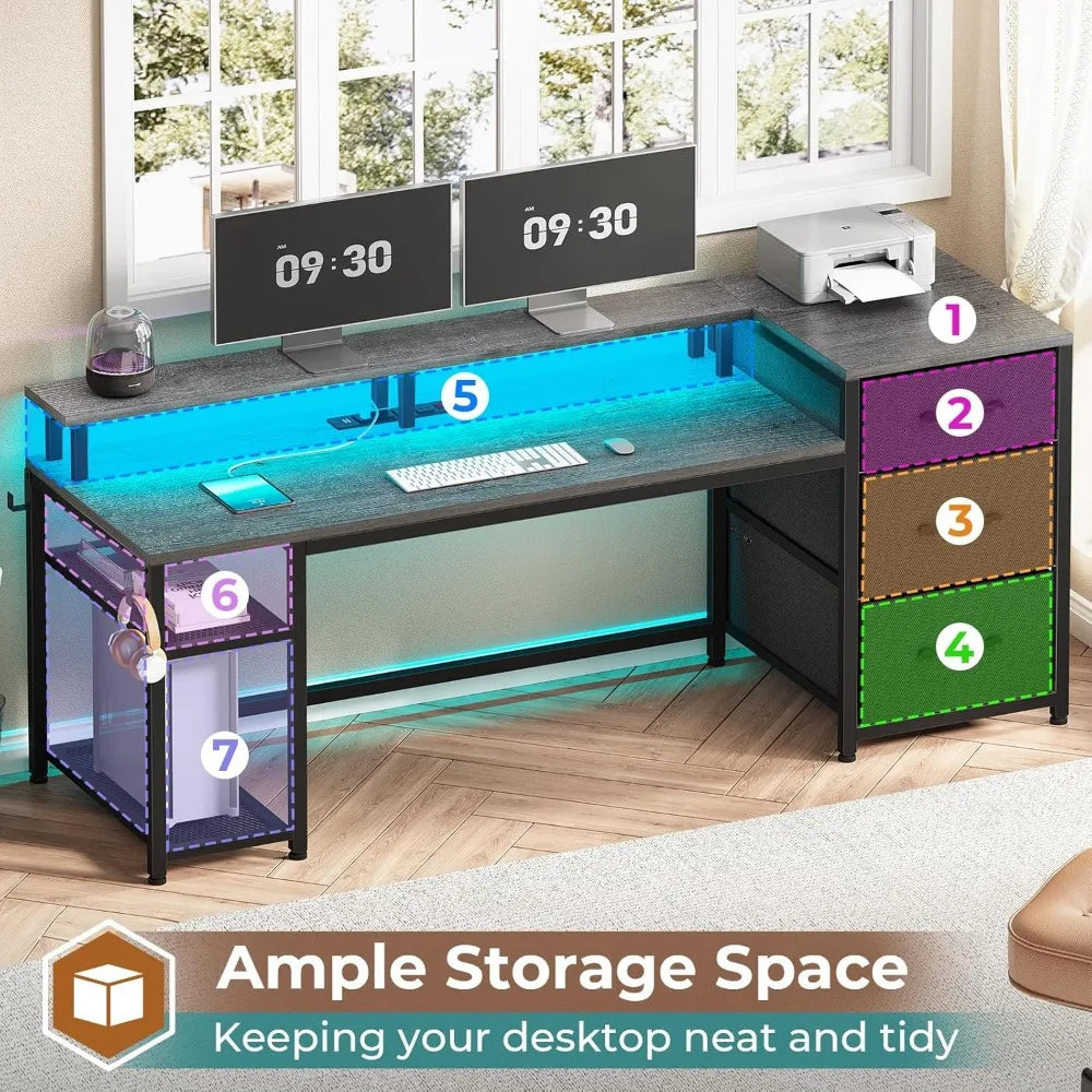 ZHUXIANG Computer Desk With Storage And LED Lighting