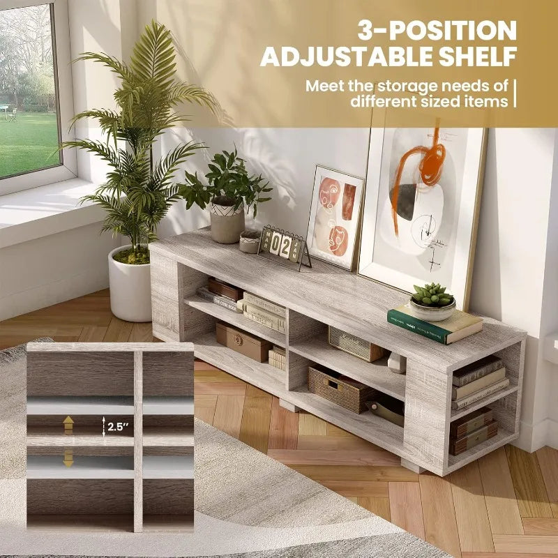 Tangkula Wood TV Stand for TVs up to 65 Inch Flat Screen,Modern Entertainment Center with 8 Open Shelves, (White Oak)