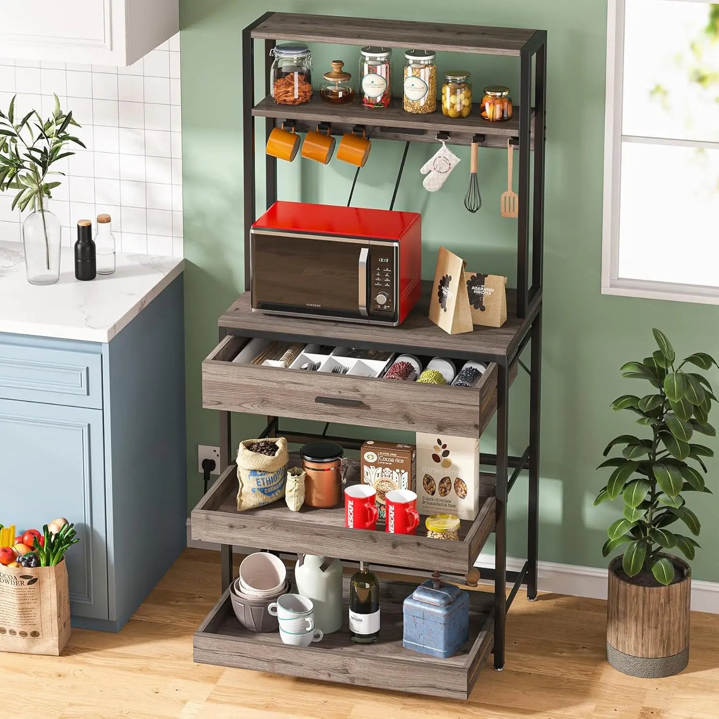 Little Tree Kitchen Bakers Rack With Power Outlets Stand