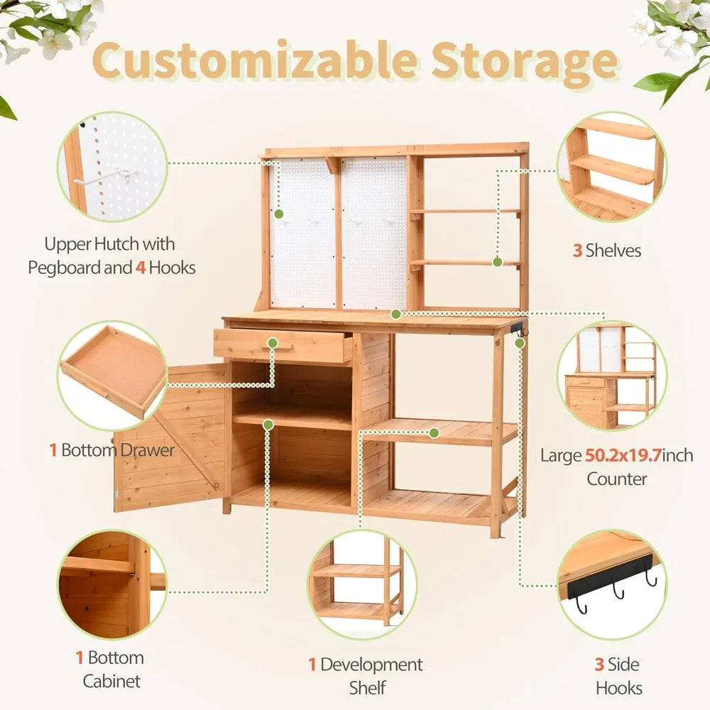 Outdoor Fir Wood Potting Bench Hutch 4 Shelves Drawer Adjustable Storage