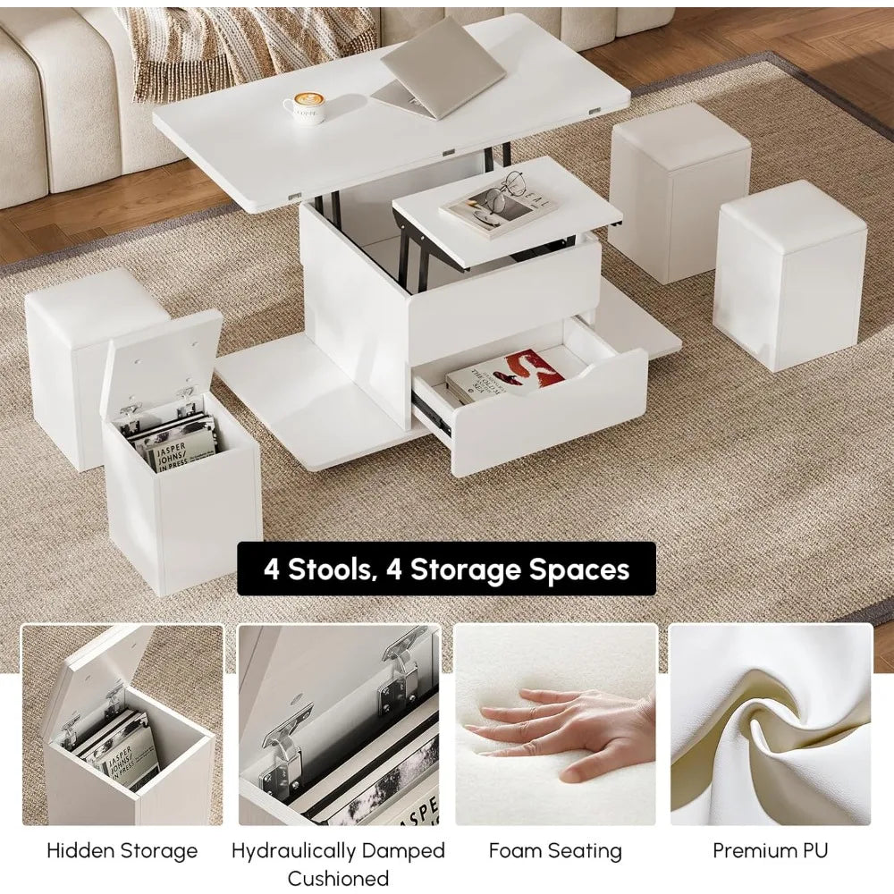 White Lift Top Coffee Table with Hidden Storage and 4 Stools Modern Multi-Function Folding Center Table on Casters