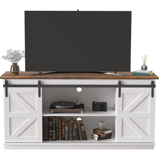 Jummico 65 Inch TV Stand With Sliding Barn Doors White