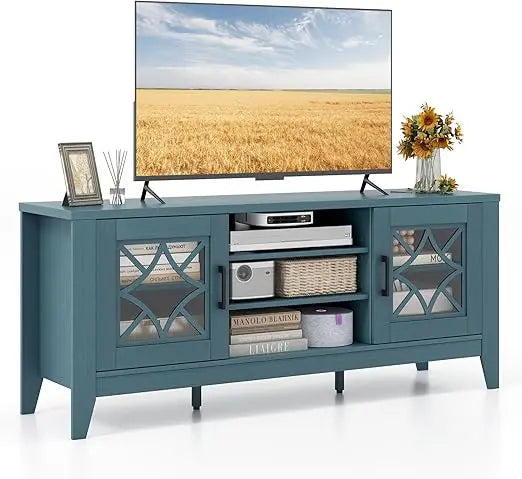 Farmhouse TV Stand For Up To 65 Inch TVs Teal Blue Storage